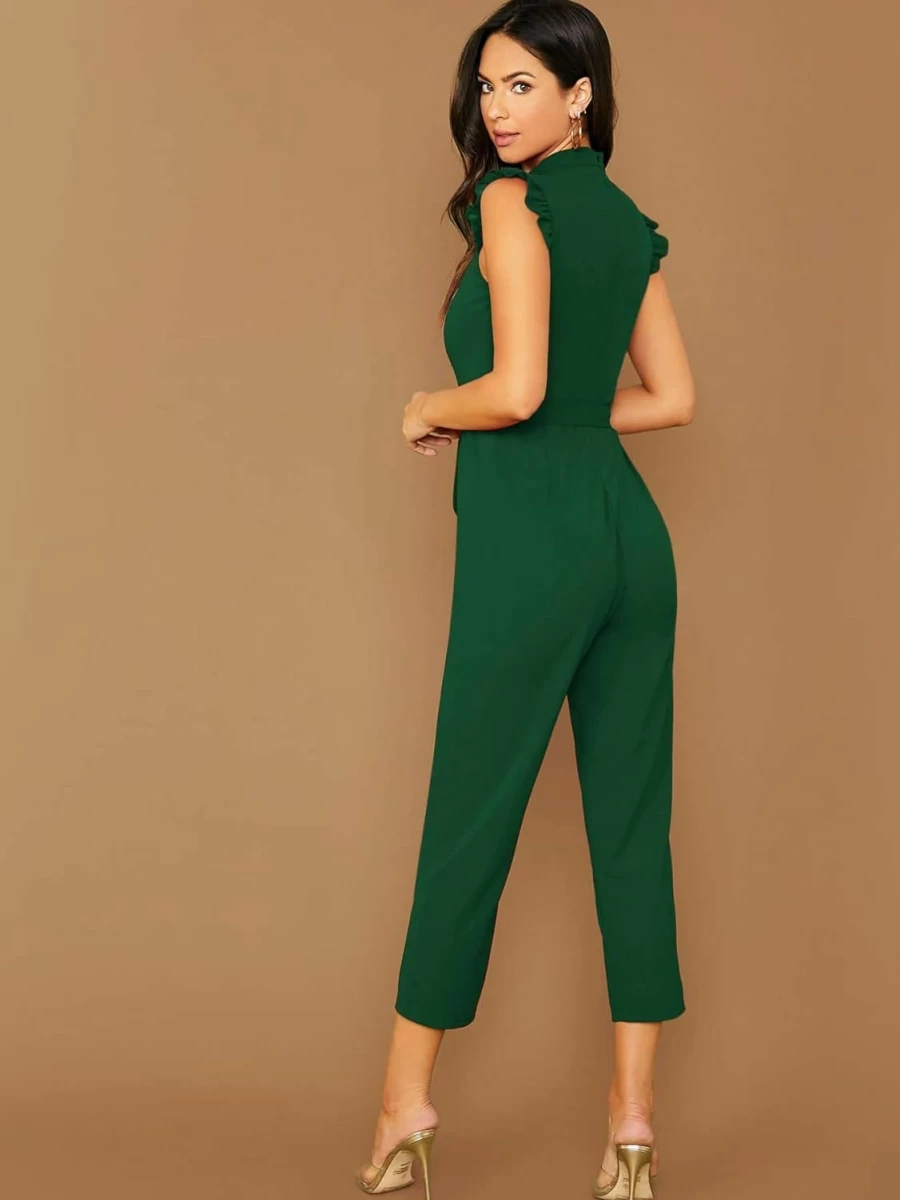 WDIRARA Women's Sleeveless Mock Neck Romper with Ruffle Trim and Belted Waist - Cropped Jumpsuit for Summer Fashion