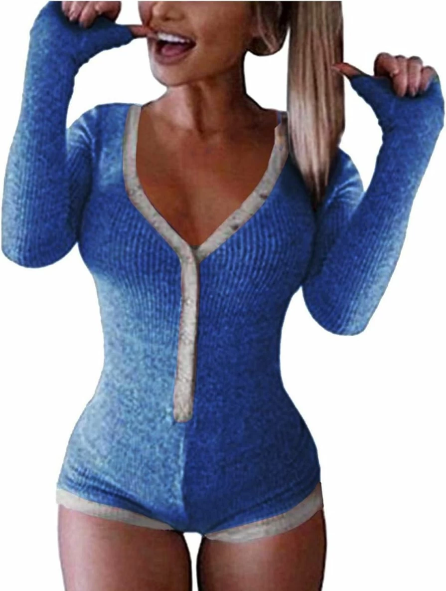 Roselux Women's Sexy Deep V-Neck Long Sleeve Bodysuit - Stretchy Knitted Romper Jumpsuit for Women, Comfortable Pajama Onesie & Bodycon Outfit