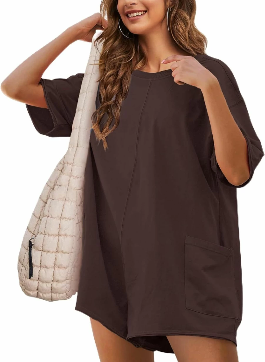 VATEAMI Women's Oversized V-Neck Backless Jumpsuit - Short Sleeve Romper with Pockets, Casual Summer Shorts Overall One Piece